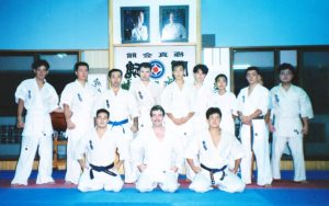 In Midori Kenji's dojo in Koniya, August 1991. After training we had a nice dinner at his house. Unfortunately I spilled soup on him, Fortunately he has a sense of humor.  